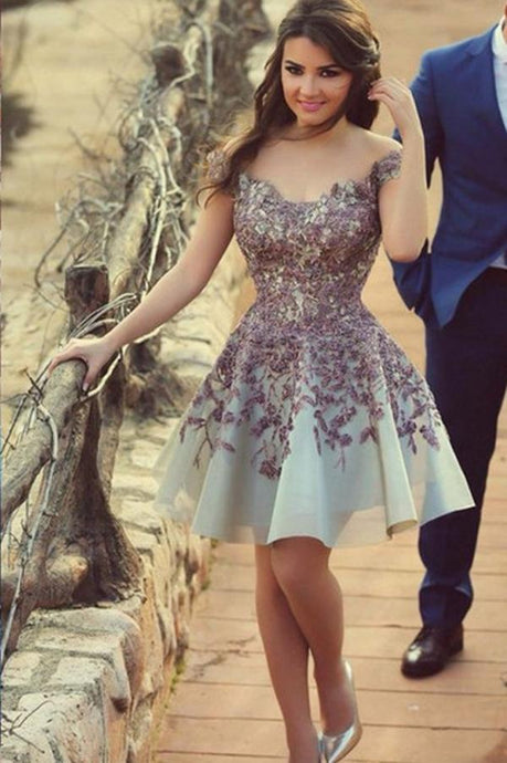 Retro Cap Sleeves Applique Zipper Natural Scoop Prom Dresses