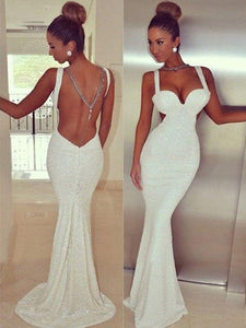 Ivory Sexy Mermaid/Trumpet Spaghetti Straps Backless Long Evening Dresses