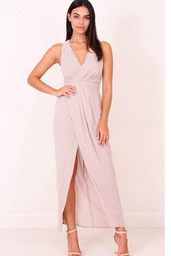 V-neck Tea-Length Split Maxi Dresses