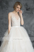 Champagne Soft Tulle & Lace V-Back Wedding Dresses with Illusion Straps