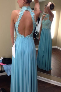 Retro A-line/Princess Halter Lace Appliqued Beading Long Chifffon Prom Dresses