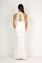 White High Neck Collar Keyhole Centre Front Slit Prom Dress