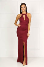 Burgundy High Neck Collar Keyhole Centre Front Slit Prom Dress