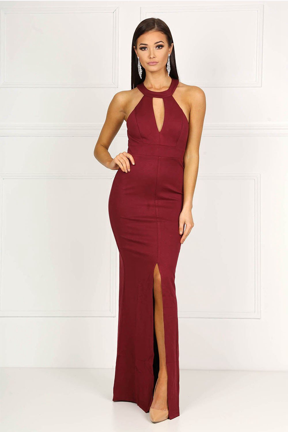 Burgundy High Neck Collar Keyhole Centre Front Slit Prom Dress