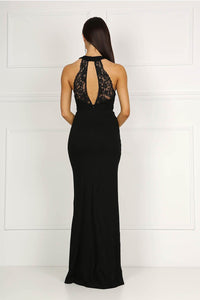 Black High Neck Collar Keyhole Centre Front Slit Prom Dress