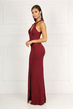 Burgundy High Neck Collar Keyhole Centre Front Slit Prom Dress