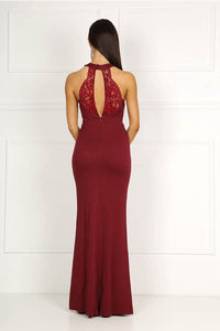 Burgundy High Neck Collar Keyhole Centre Front Slit Prom Dress
