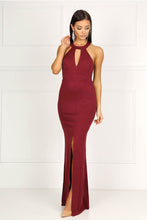 Burgundy High Neck Collar Keyhole Centre Front Slit Prom Dress