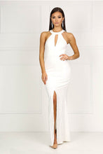 White High Neck Collar Keyhole Centre Front Slit Prom Dress