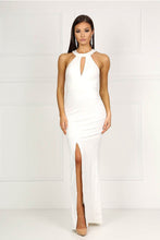 White High Neck Collar Keyhole Centre Front Slit Prom Dress