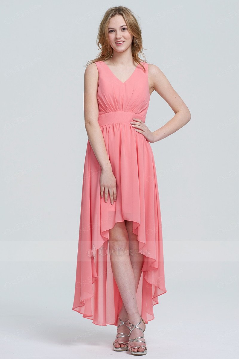 A-line/Princess V-neck Asymmetrical Chiffon Prom Dresses – Okeydress