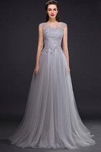 Silver A-line Sleeveless Lace Applique Long Tulle Prom Dresses