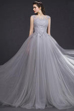 Silver A-line Sleeveless Lace Applique Long Tulle Prom Dresses