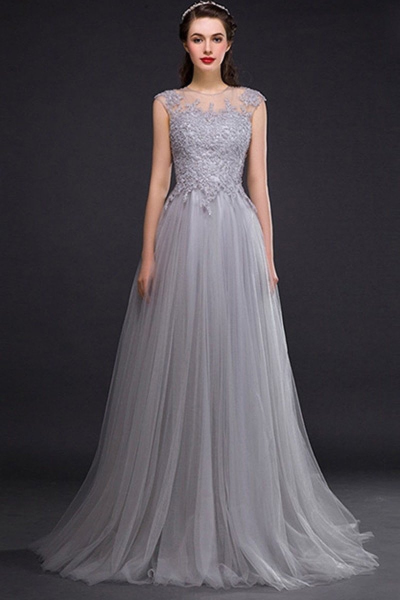 Silver A-line Sleeveless Lace Applique Long Tulle Prom Dresses