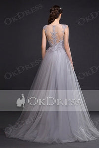Silver A-line Sleeveless Lace Applique Long Tulle Prom Dresses