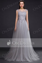 Silver A-line Sleeveless Lace Applique Long Tulle Prom Dresses