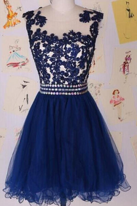 Dark Navy Extravagant Appliqued A-line/Princess Scoop Neck Natural Homecoming Dresses