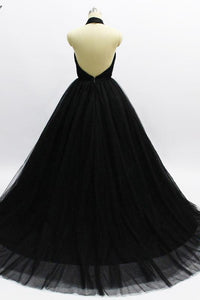 Black Eye-Catching Empire Tulle Sleeveless V-neck Prom Dresses