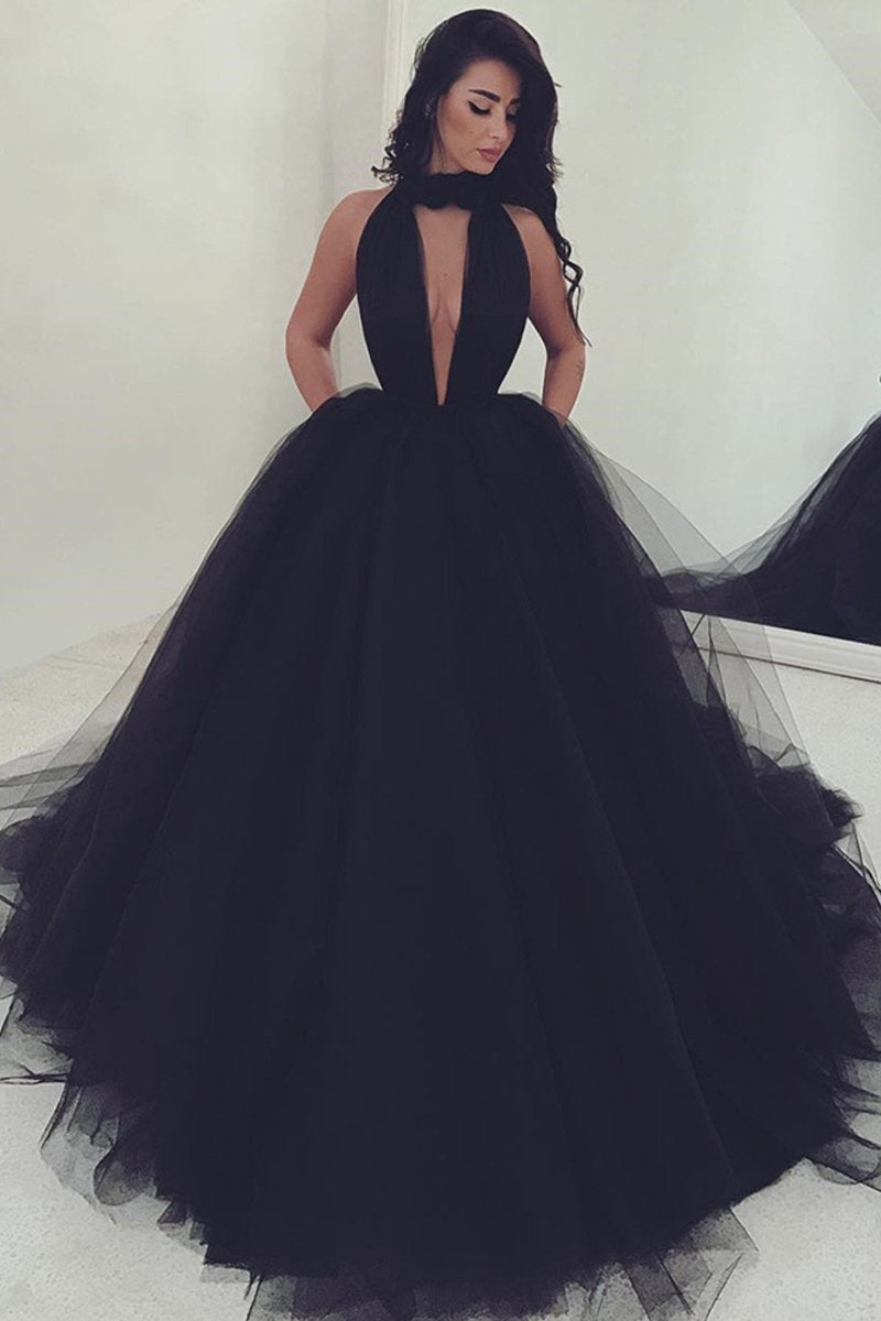 Black Eye-Catching Empire Tulle Sleeveless V-neck Prom Dresses