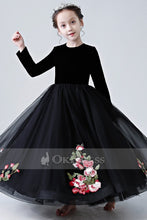 Black Long Sleeves A-line Scoop Floor-length Velvet &Tulle Flower Girl Dress