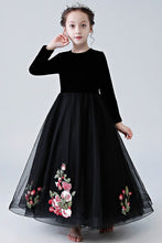 Black Long Sleeves A-line Scoop Floor-length Velvet &Tulle Flower Girl Dress