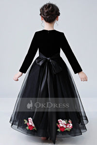 Black Long Sleeves A-line Scoop Floor-length Velvet &Tulle Flower Girl Dress