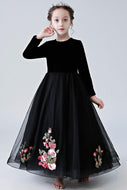 Black Long Sleeves A-line Scoop Floor-length Velvet &Tulle Flower Girl Dress