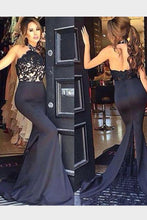 Trumpet/Mermaid Sleeveless Halter Lace Appliqued Sweep Train Prom Dresses