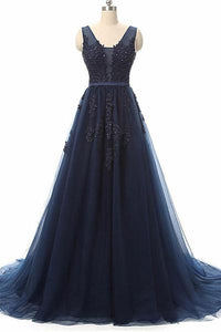 Decent Beading Natural A-line/Princess V-neck Lace Applique Tulle Long Prom Dresses