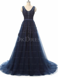 Decent Beading Natural A-line/Princess V-neck Lace Applique Tulle Long Prom Dresses