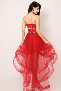 Red Shimmering Natural Lace-up Beading Sleeveless Asymmetrical Prom Dresses