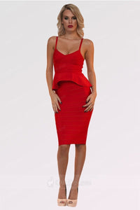 Red Two-Piece knee-length Prom Dress with Gorgeous Peplum Hem