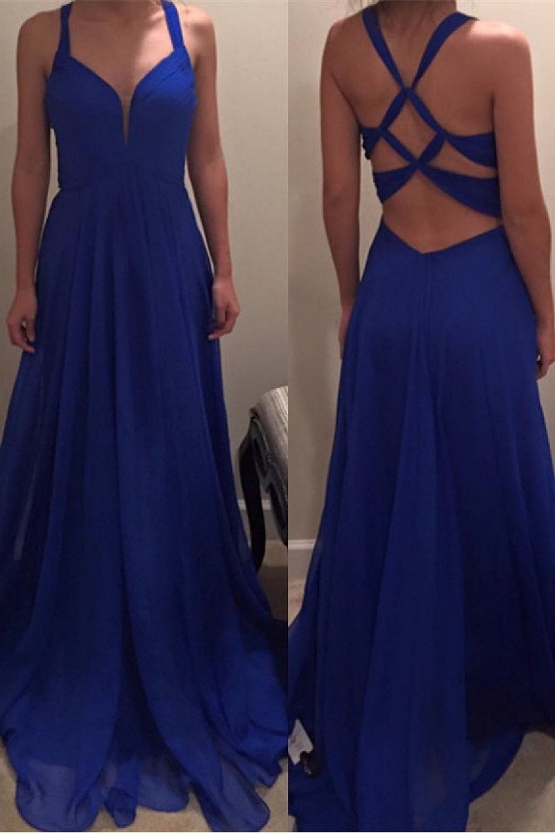Royal Blue Affordable Pleated Sleeveless Floor-length Criss-cross Natural Prom Dresses