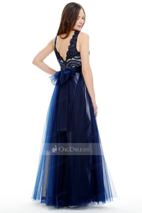 Navy Blue Long Tulle Prom Dress with Embroidered Lace Top