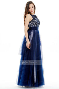 Navy Blue Long Tulle Prom Dress with Embroidered Lace Top