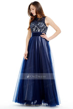 Navy Blue Long Tulle Prom Dress with Embroidered Lace Top