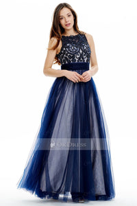 Navy Blue Long Tulle Prom Dress with Embroidered Lace Top