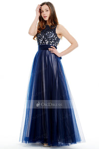 Navy Blue Long Tulle Prom Dress with Embroidered Lace Top