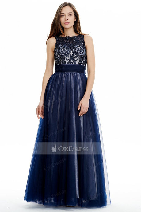 Navy Blue Long Tulle Prom Dress with Embroidered Lace Top