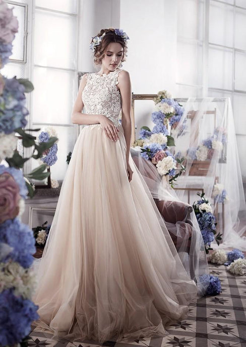 Intellectuality Tulle Zipper Applique Sleeveless Wedding Dresses