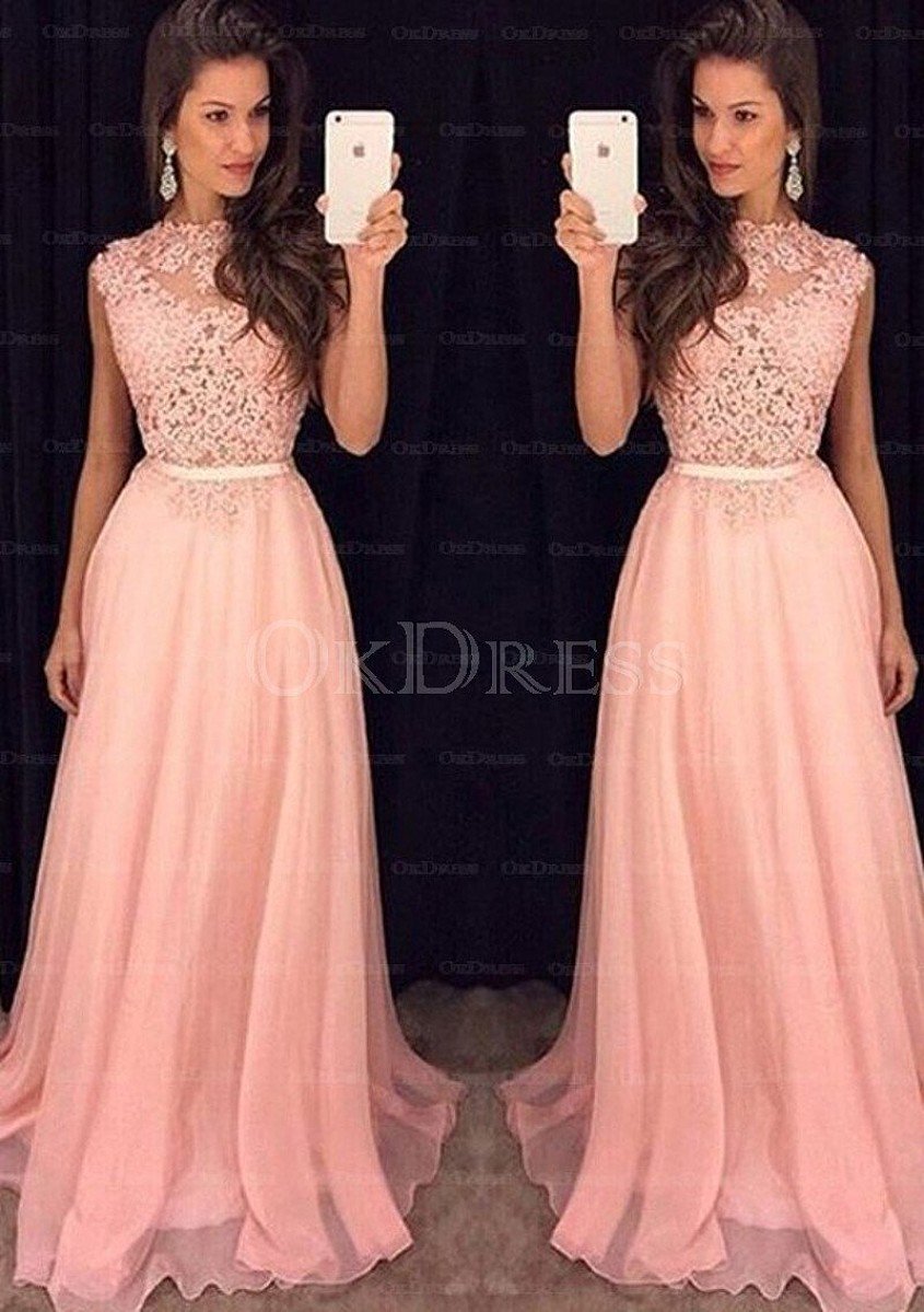 pink Hot Sale Chiffon Long/Floor-length A-line/Princess Sleeveless Prom Dresses
