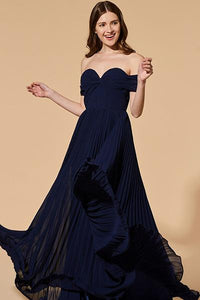 Dark Navy Off-the-shoulder A-line Sweetheart Pleated Long Formal Prom Dresses