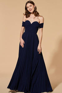 Dark Navy Off-the-shoulder A-line Sweetheart Pleated Long Formal Prom Dresses