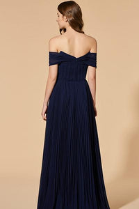 Dark Navy Off-the-shoulder A-line Sweetheart Pleated Long Formal Prom Dresses