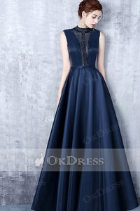 Dark Navy A-line Sleeveless Beading Long Formal Prom Dresses