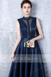 Dark Navy A-line Sleeveless Beading Long Formal Prom Dresses