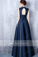 Dark Navy A-line Sleeveless Beading Long Formal Prom Dresses