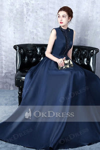 Dark Navy A-line Sleeveless Beading Long Formal Prom Dresses