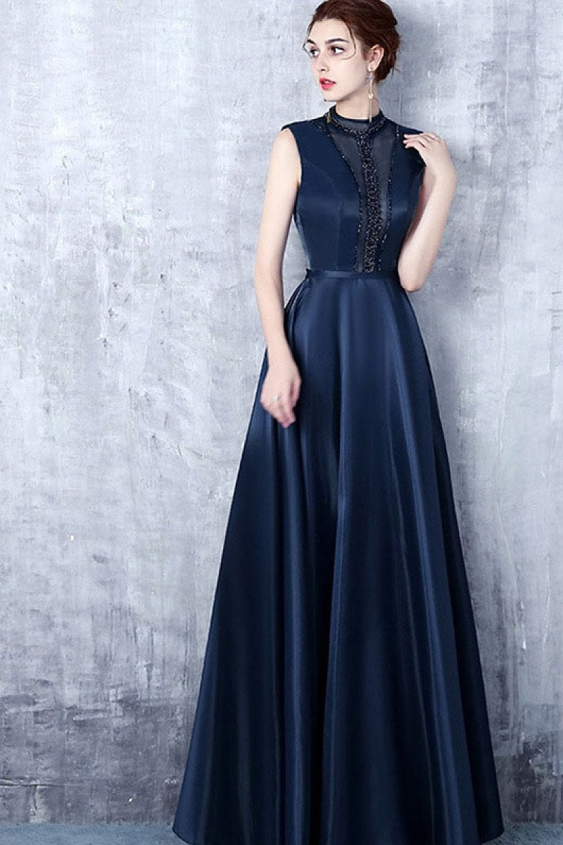 Dark Navy A-line Sleeveless Beading Long Formal Prom Dresses