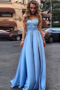 Blue A-line Spaghetti Straps Floor-length Lace Satin Split Prom Dresses